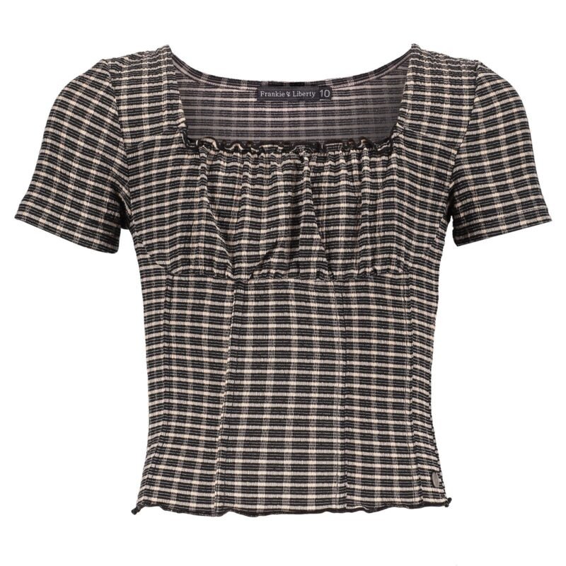 Frankie & Liberty Meisjes top - Macy - Fresh abrikoos / Zwart geruit Frankie & Liberty Meisjes top - Macy - Fresh abrikoos / Zwart geruitMateriaal