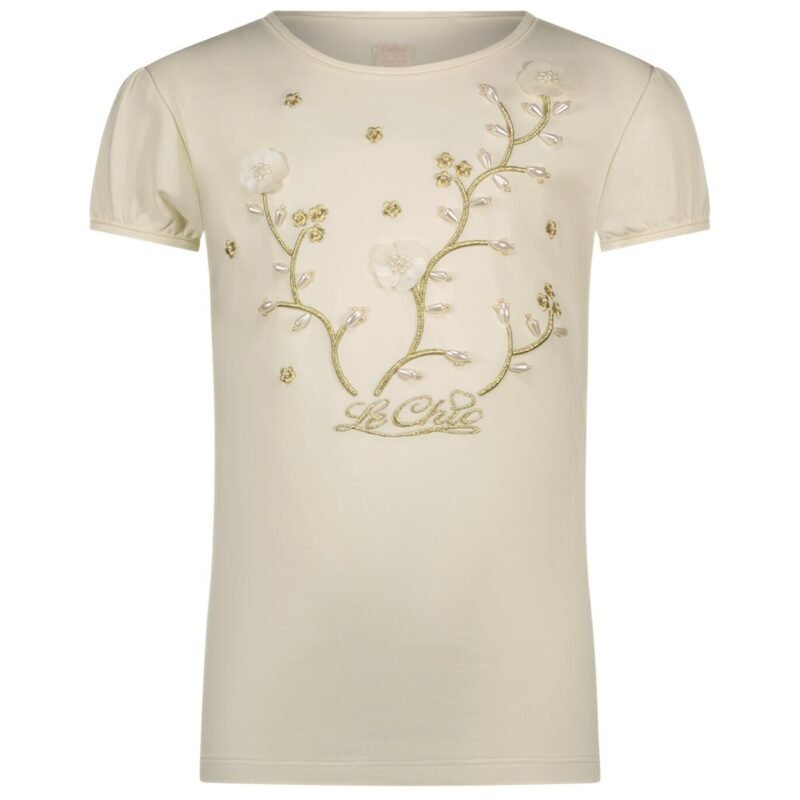 Le Chic Zomer t-shirt meisjes Ivoor wit - parels & bloemen - Nommy Le Chic Zomer t-shirt meisjes Ivoor wit - parels & bloemen - NommyMateriaal 95% OCS katoen