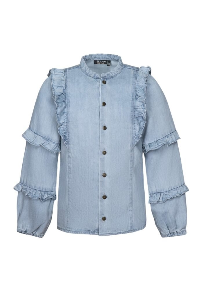Like Flo Meisjes blouse chambray met ruffel - Carlijn - Lt denim Like Flo Meisjes blouse chambray met ruffel - Carlijn - Lt denimMateriaal 60% CO 40%CLY