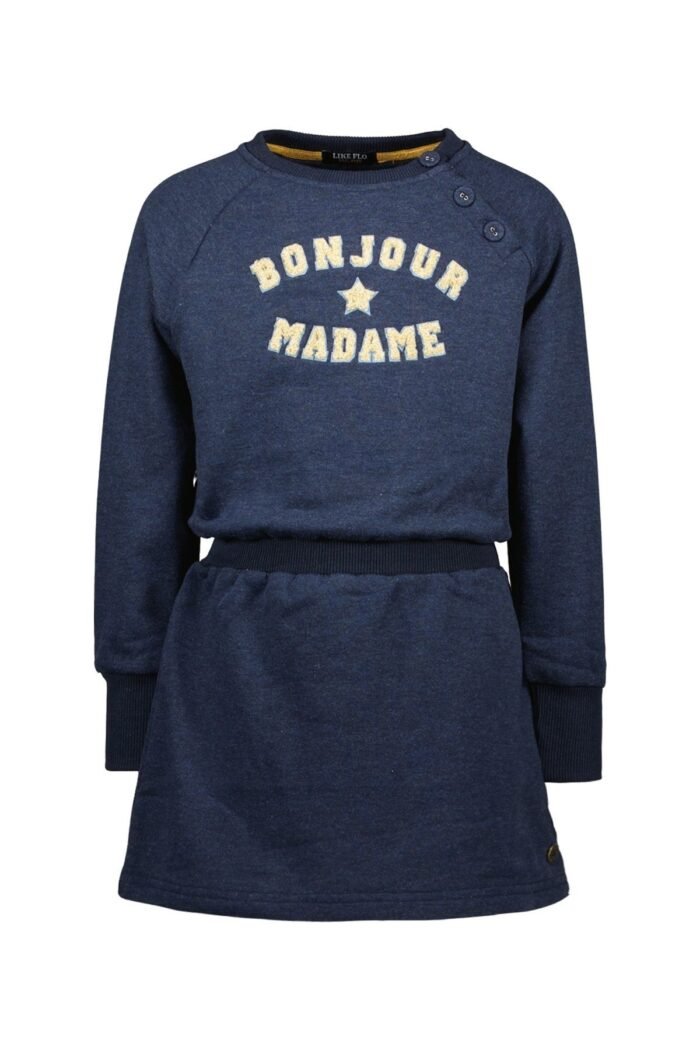 Like Flo Meisjes sweat jurk - Mima - Indigo blauw melee Like Flo Meisjes sweat jurk - Mima - Indigo blauw meleeMateriaal 82%CO 9%PA 9%PE