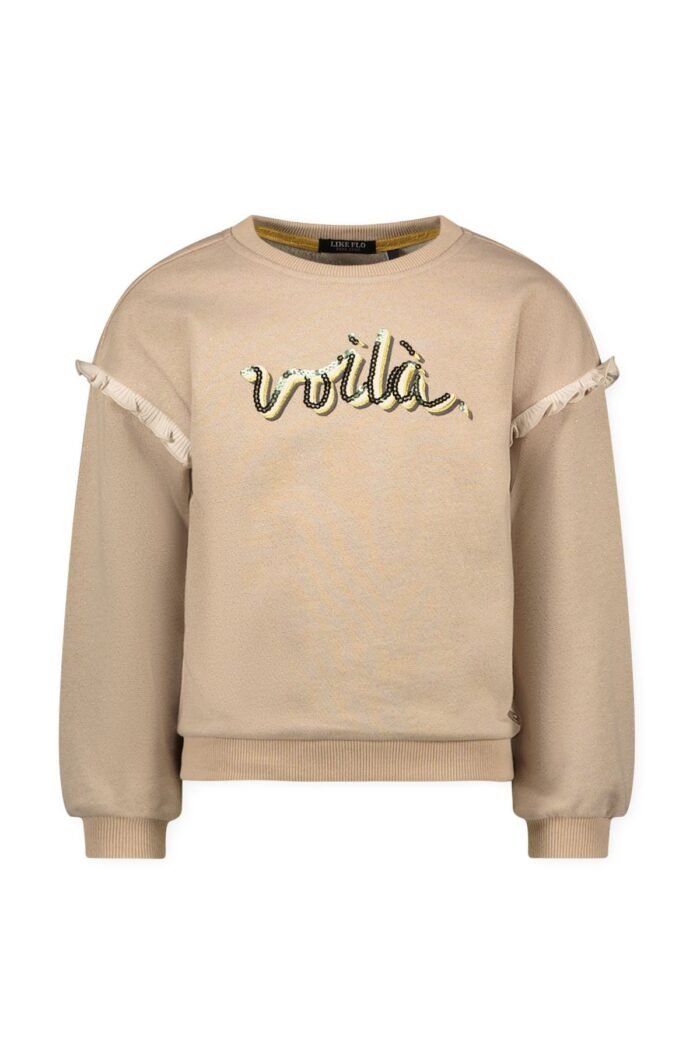 Like Flo Meisjes sweater ruffel - Danee - Grijs melee gouden lurex Like Flo Meisjes sweater ruffel - Danee - Grijs melee gouden lurexMateriaal 82%CO 9%PA 9%PE