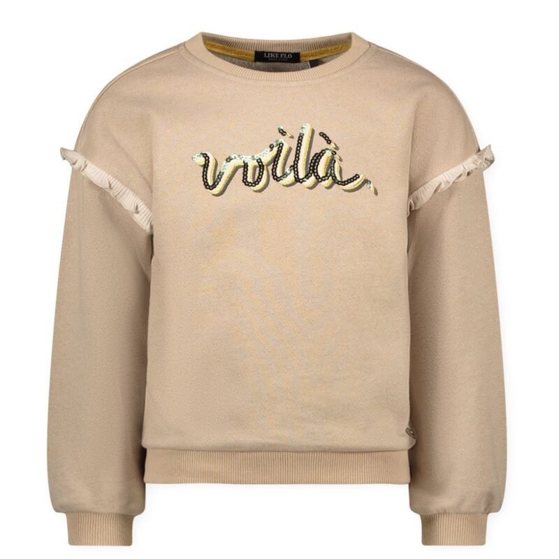 Like Flo Meisjes sweater ruffel - Danee - Grijs melee gouden lurex Like Flo Meisjes sweater ruffel - Danee - Grijs melee gouden lurexMateriaal 82%CO 9%PA 9%PE