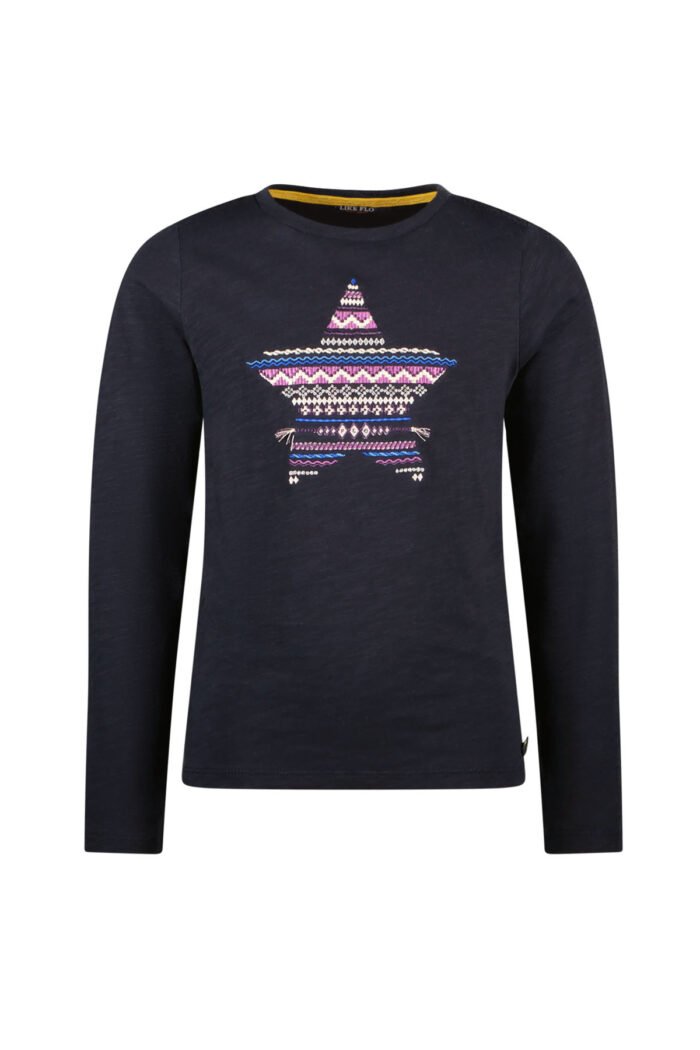 Like Flo Meisjes t-shirt embroidery - Emy - Navy blauw Like Flo Meisjes t-shirt embroidery - Emy - Navy blauwMateriaal 100%GOTS