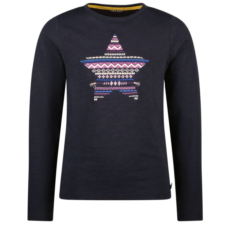 Like Flo Meisjes t-shirt embroidery - Emy - Navy blauw Like Flo Meisjes t-shirt embroidery - Emy - Navy blauwMateriaal 100%GOTS