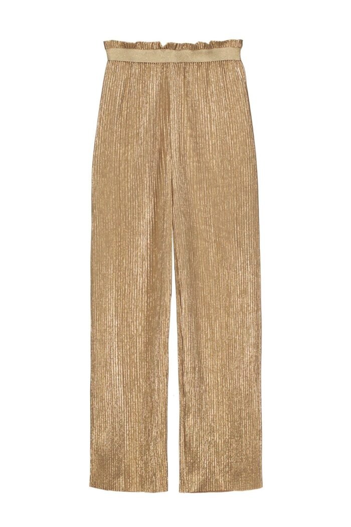 Like Flo Zomer broek meisjes Goud - plisse metallic + elastische tailleband Like FLO Zomer broek meisjes Goud - plisse metallic + elastische taillebandMateriaal 100% recylced polyesther