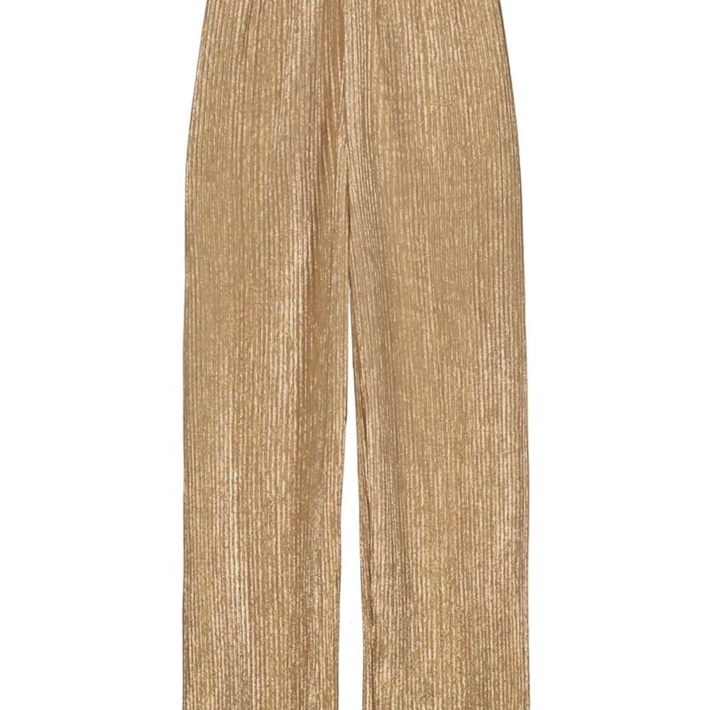 Like Flo Zomer broek meisjes Goud - plisse metallic + elastische tailleband Like FLO Zomer broek meisjes Goud - plisse metallic + elastische taillebandMateriaal 100% recylced polyesther