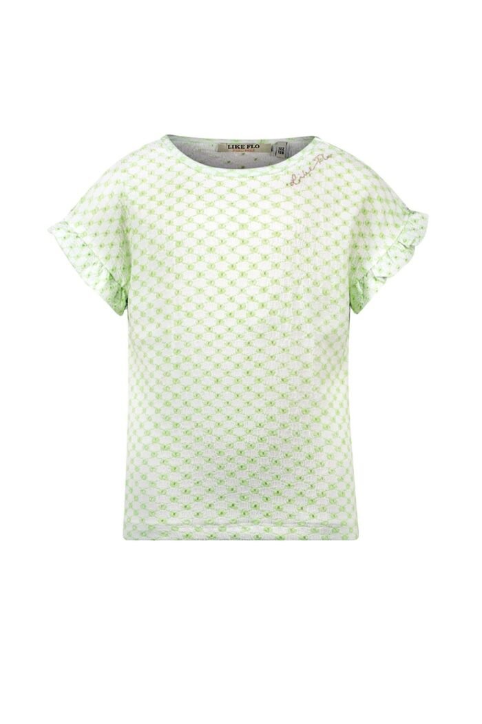 Like Flo Zomer shirt meisjes Mint groen - ruffel mouw Like FLO Zomer shirt meisjes Mint groen - ruffel mouwMateriaal 95% polyesther
