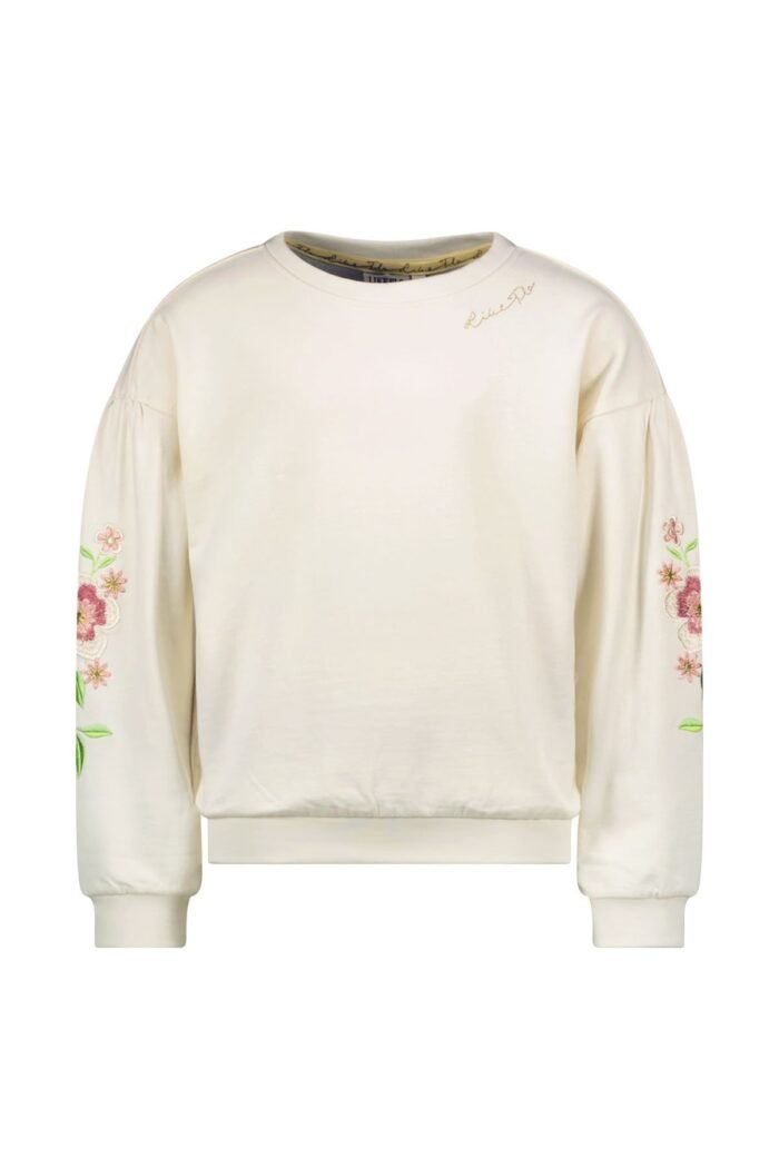 Like Flo Zomer sweater meisjes Off wit - embroidery op mouw Like FLO Zomer sweater meisjes Off wit - embroidery op mouwMateriaal 100% katoen GOTS