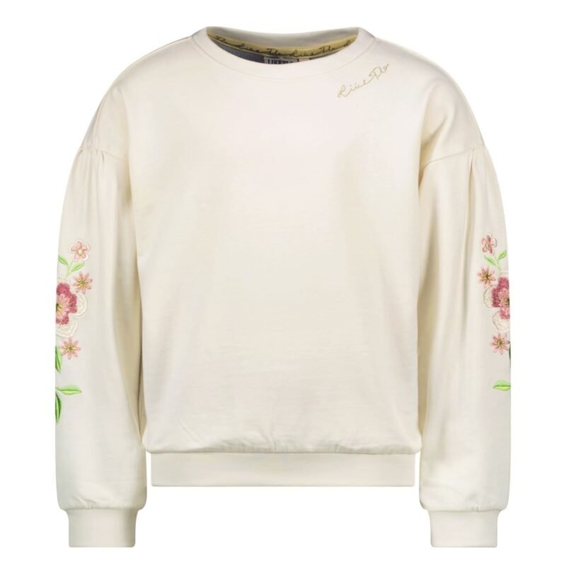 Like Flo Zomer sweater meisjes Off wit - embroidery op mouw Like FLO Zomer sweater meisjes Off wit - embroidery op mouwMateriaal 100% katoen GOTS