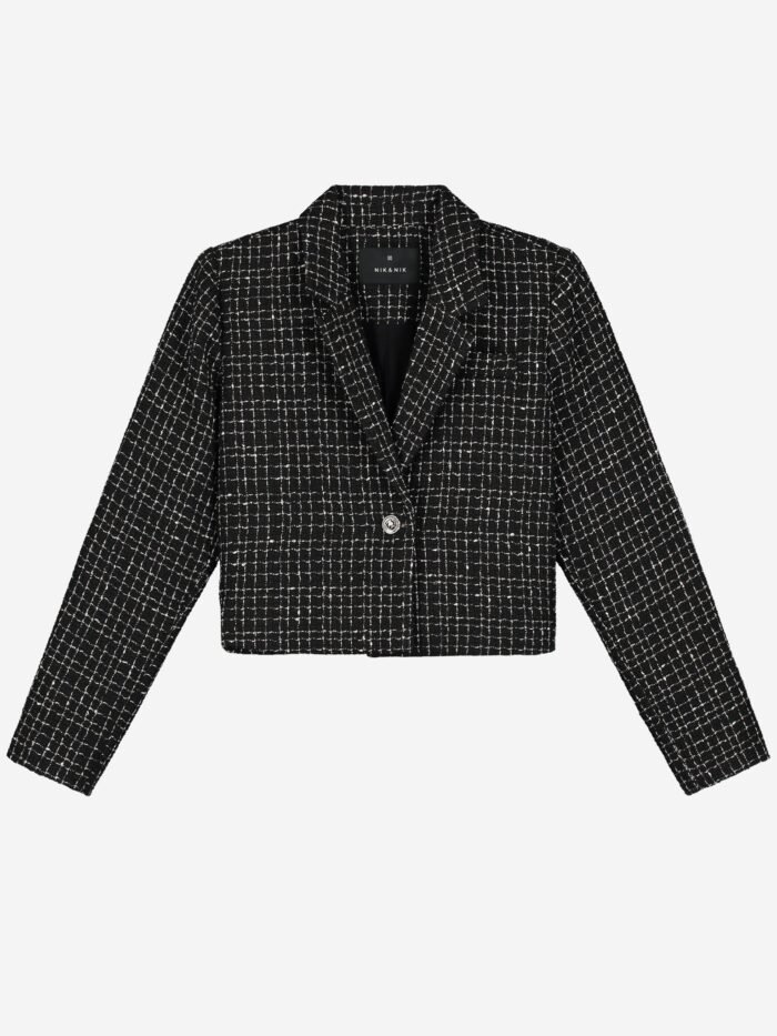 Nik&Nik Meisjes blazer - Tasmin - Zwart Deze zwarte blazer van Nik&Nik met een trendy tweedpatroon is een tijdloze klassieker. Perfect over een blouse of jurkje voor een nette of feestelijke outfit.Materiaal