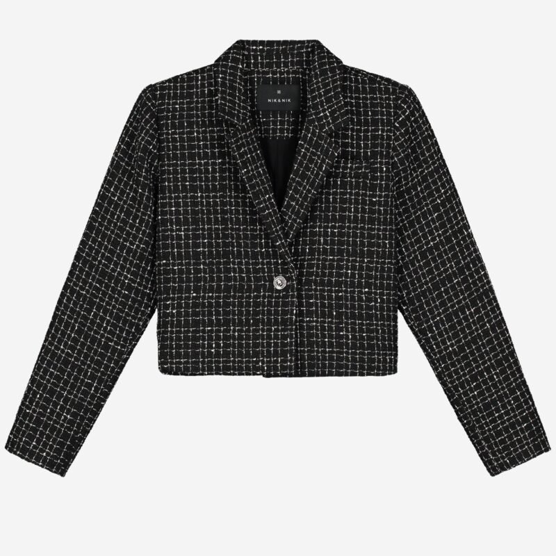 Nik&Nik Meisjes blazer - Tasmin - Zwart Deze zwarte blazer van Nik&Nik met een trendy tweedpatroon is een tijdloze klassieker. Perfect over een blouse of jurkje voor een nette of feestelijke outfit.Materiaal
