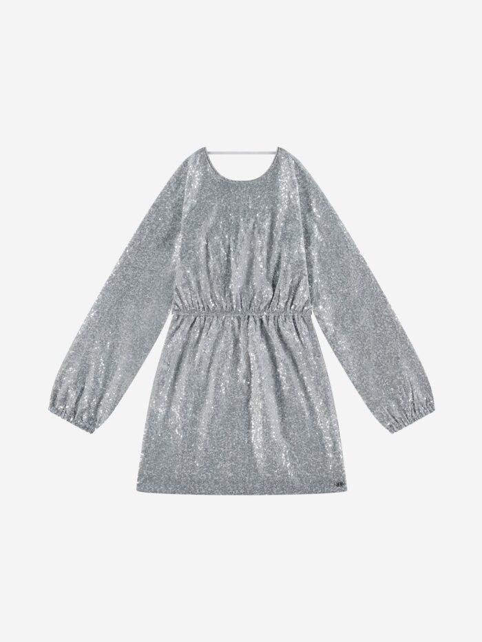 Nik&Nik Meisjes jurk - Tanvi - Zilver Deze glitterjurk van Nik&Nik is een feest op zich! De zilveren pailletten maken hem perfect voor speciale momenten. Comfortabel dankzij de elastische taille en lange mouwen.Materiaal