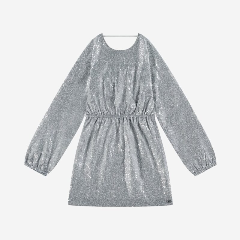 Nik&Nik Meisjes jurk - Tanvi - Zilver Deze glitterjurk van Nik&Nik is een feest op zich! De zilveren pailletten maken hem perfect voor speciale momenten. Comfortabel dankzij de elastische taille en lange mouwen.Materiaal