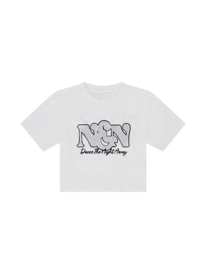 Nik&Nik Meisjes t-shirt - Dance - Off wit Met een subtiele glans van pailletten op de opdruk is dit T-shirt van Nik&Nik een stijlvolle aanvulling op elke garderobe. Het minimalistische design maakt het ideaal voor diverse outfits.Materiaal