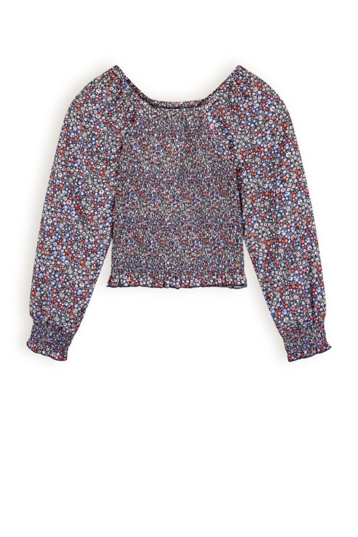 NoBell Meisjes blouse smocked bloemen - Tessa - Grijs navy blauw NoBell' Meisjes blouse smocked bloemen - Tessa - Grijs navy blauwMateriaal 60% RPE. 40% PE