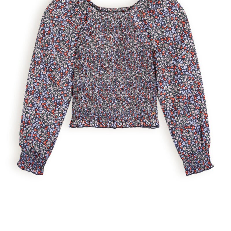 NoBell Meisjes blouse smocked bloemen - Tessa - Grijs navy blauw NoBell' Meisjes blouse smocked bloemen - Tessa - Grijs navy blauwMateriaal 60% RPE. 40% PE
