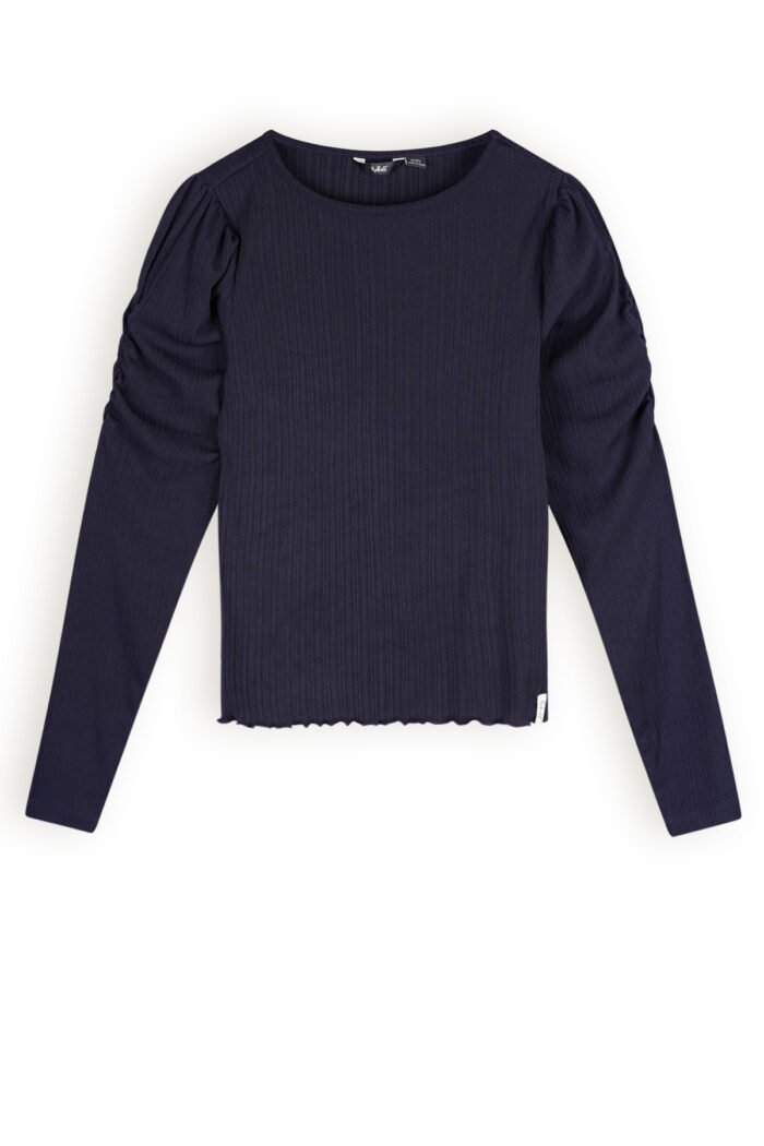 NoBell Meisjes t-shirt fijne rib - Kiss - Navy blauw NoBell' Meisjes t-shirt fijne rib - Kiss - Navy blauwMateriaal 96% EVI. 4% EA