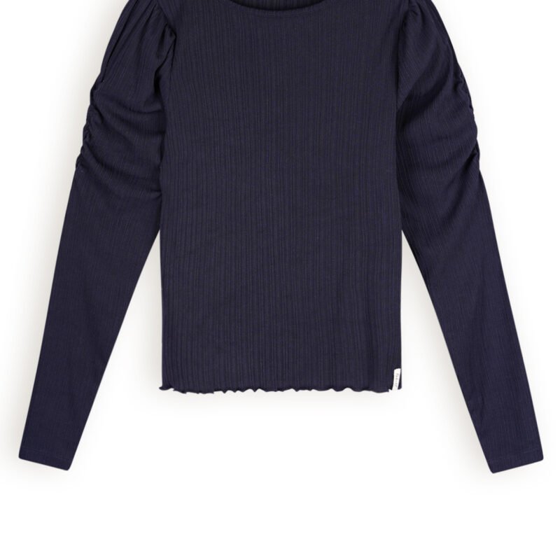 NoBell Meisjes t-shirt fijne rib - Kiss - Navy blauw NoBell' Meisjes t-shirt fijne rib - Kiss - Navy blauwMateriaal 96% EVI. 4% EA
