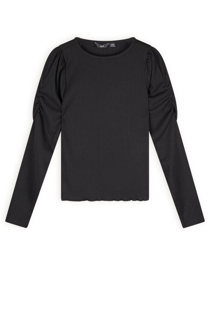 NoBell Meisjes t-shirt fijne rib met geplooide mouwen - Kiss - Zwart NoBell' Meisjes t-shirt fijne rib met geplooide mouwen - Kiss - ZwartMateriaal 96% EVI. 4% EA