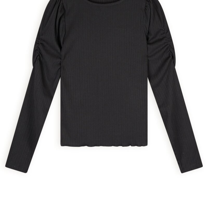 NoBell Meisjes t-shirt fijne rib met geplooide mouwen - Kiss - Zwart NoBell' Meisjes t-shirt fijne rib met geplooide mouwen - Kiss - ZwartMateriaal 96% EVI. 4% EA