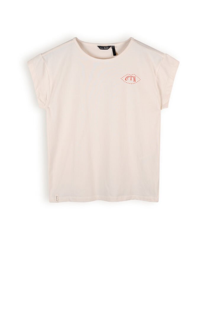 NoBell Meisjes t-shirt met knoop - Kasis - Pearled ivoor wit NoBell' Meisjes t-shirt met knoop - Kasis - Pearled ivoor witMateriaal 95% OCS. 5% EA