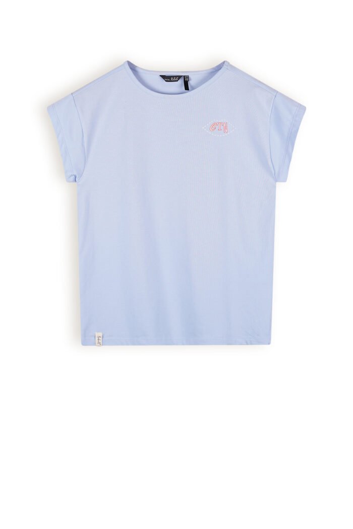 NoBell Meisjes t-shirt met knoop - Kasis - Satijn blauw NoBell' Meisjes t-shirt met knoop - Kasis - Satijn blauwMateriaal 95% OCS. 5% EA