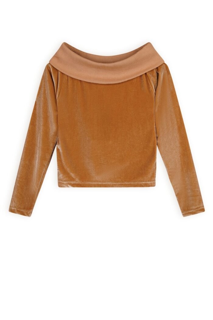 NoBell Meisjes top shiny velours off shoulder - Kelza - Rosy zand NoBell' Meisjes top shiny velours off shoulder - Kelza - Rosy zandMateriaal 92% PE. 8% EA