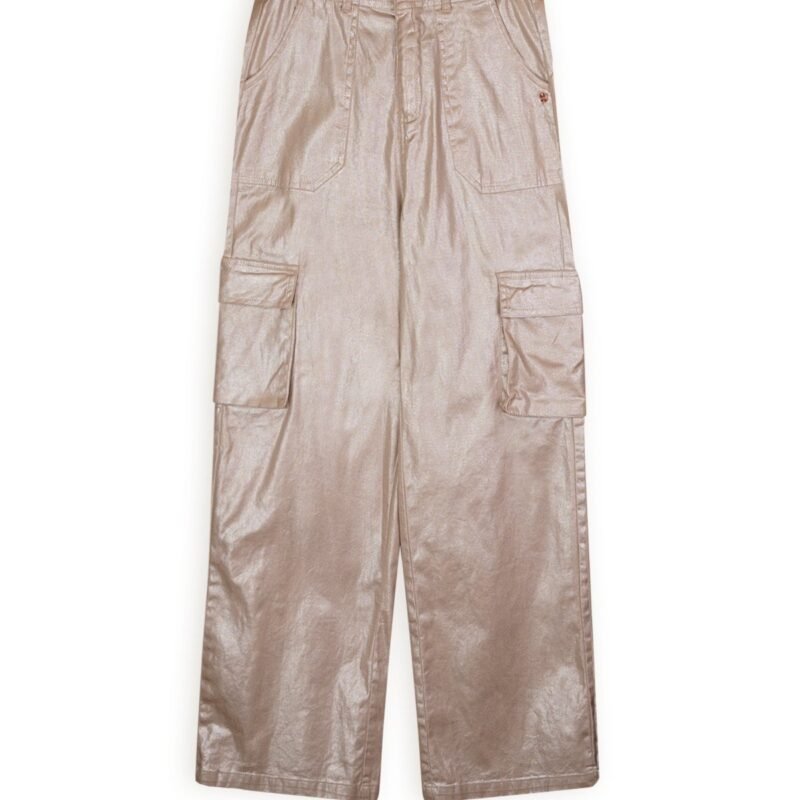 NoBell Zomer cargo broek meisjes Rosy zand - folie print - Susy NoBell' Zomer cargo broek meisjes Rosy zand - folie print - SusyMateriaal 97% katoen