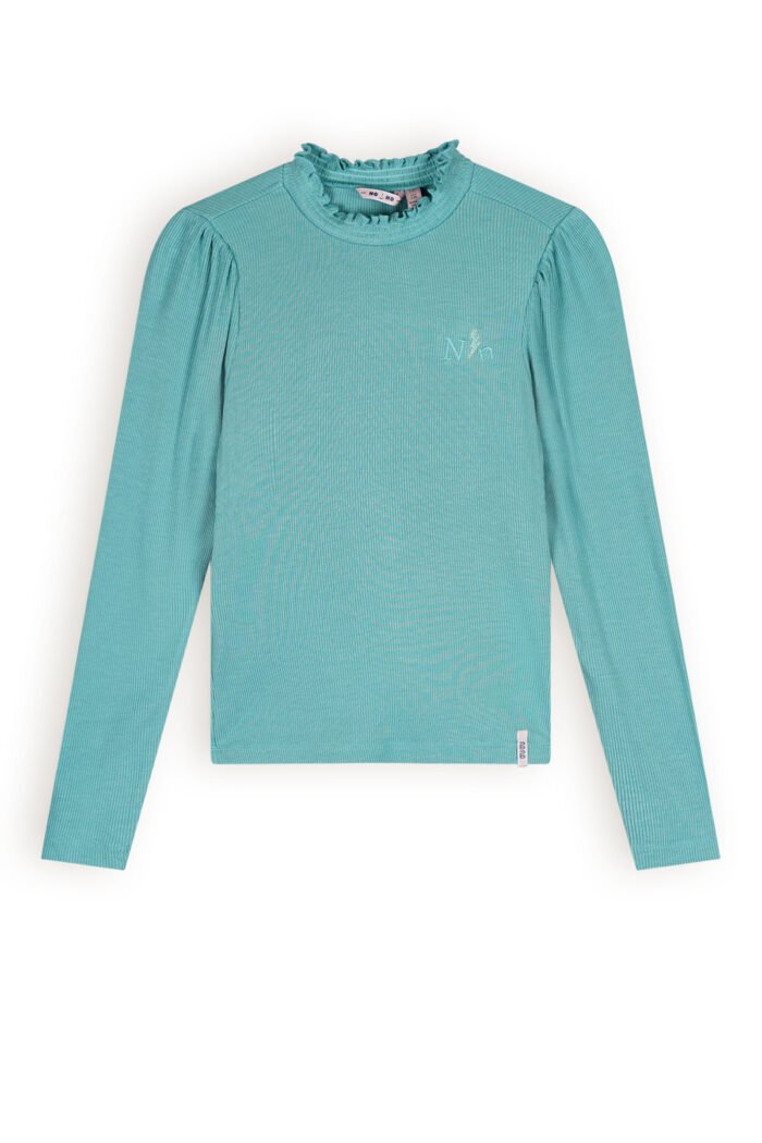 NoNo Meisjes t-shirt rib jersey - Koss - Pottery blauw NoNo Meisjes t-shirt rib jersey - Koss - Pottery blauwMateriaal 96% EVI. 4% EA