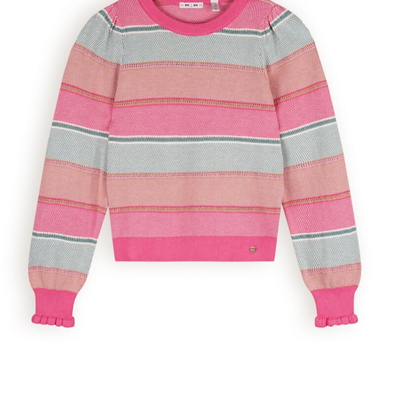 NoNo Meisjes trui gebreid gestreept - Kamelie - Azalea roze NoNo Meisjes trui gebreid gestreept - Kamelie - Azalea rozeMateriaal 100% katoen