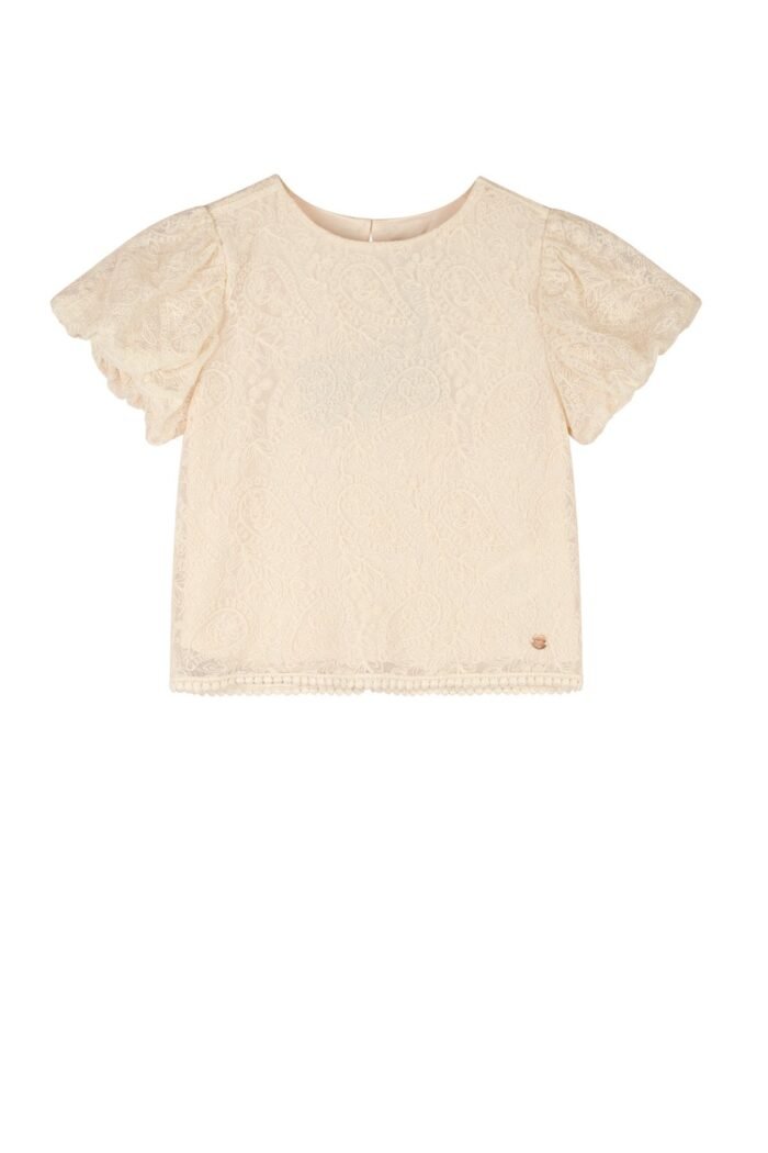 NoNo Zomer blouse meisjes Ivoor wit - geborduurd mesh - pofmouw - korte mouw - Tessy NoNo Zomer blouse meisjes Ivoor wit - geborduurd mesh - pofmouw - korte mouw - TessyMateriaal 50% polyamide